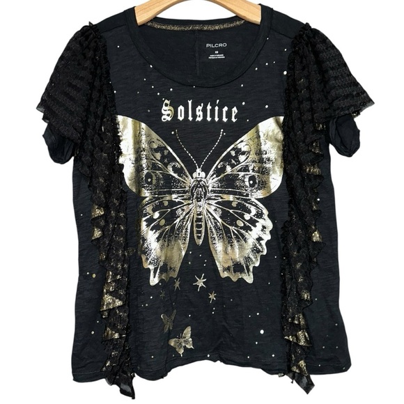 Pilcro Women’s Size XS Black Golden Hour Solstice Butterfly Lace Trim T-Shirt - Picture 5 of 10